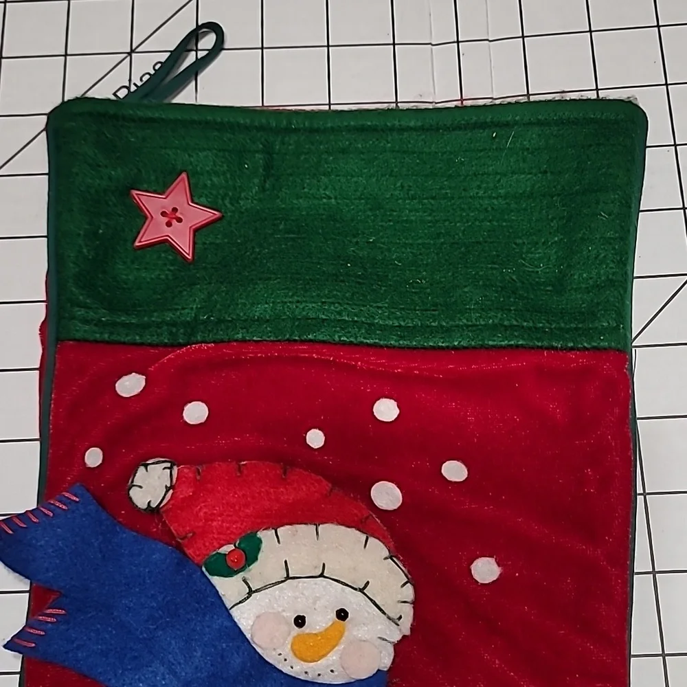 Snowman ⛄️ Shoveling Stocking, Red Velour with Felt Design Preloved‎